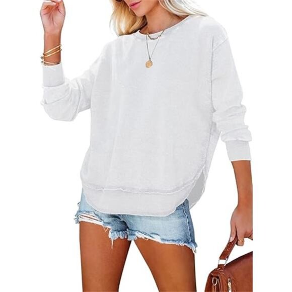 Oversized Crewneck Sweatshirt with Side Split - Casual Loose Fit Pullover Top - Picture 6 of 6